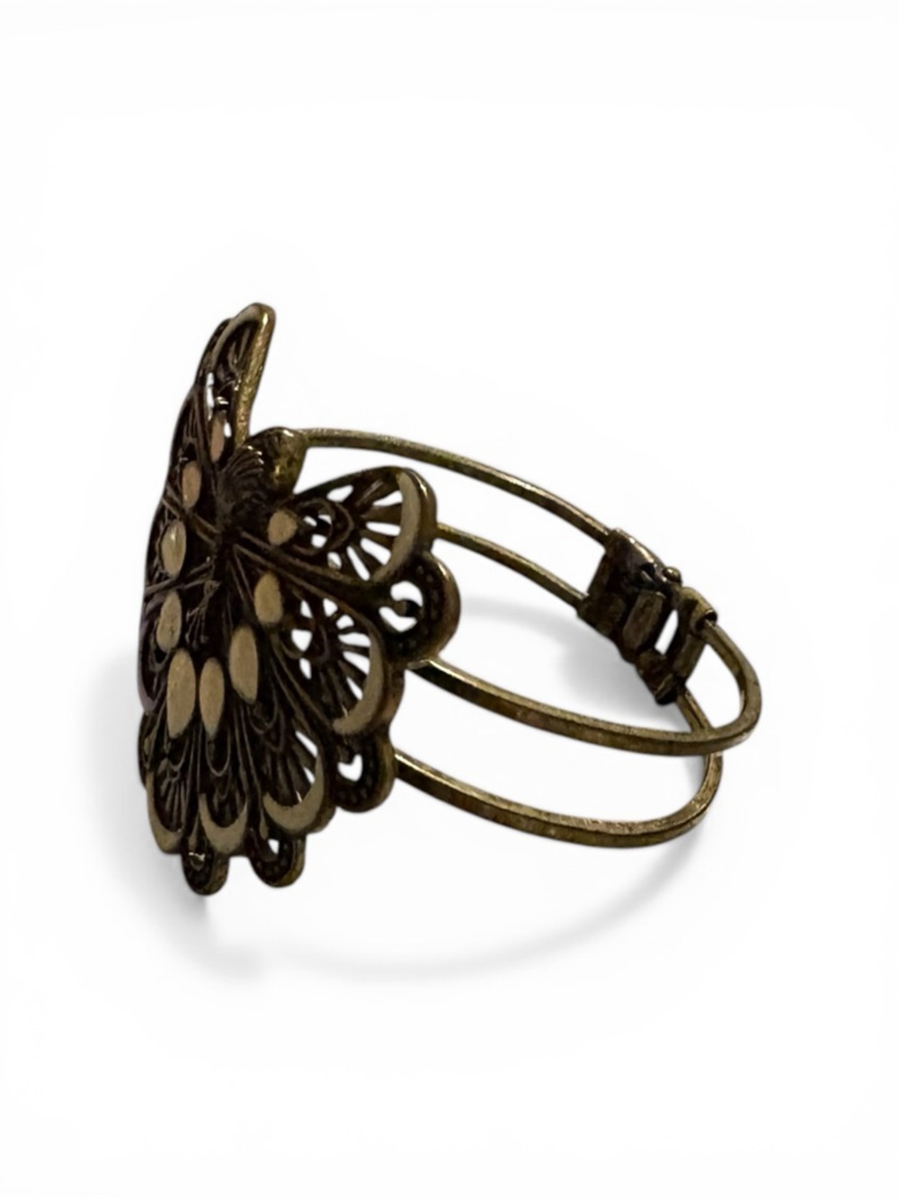 Butterfly inlay, bronze filigree cuff hinged bracelet